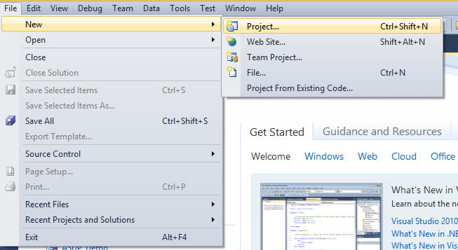 Создание нового проекта в Visual Studio