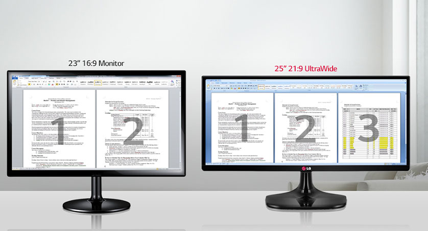 Рис. 15. Сравнение широкоформатного монитора Widescreen (слева) и сверхширокого UltraWide (справа)