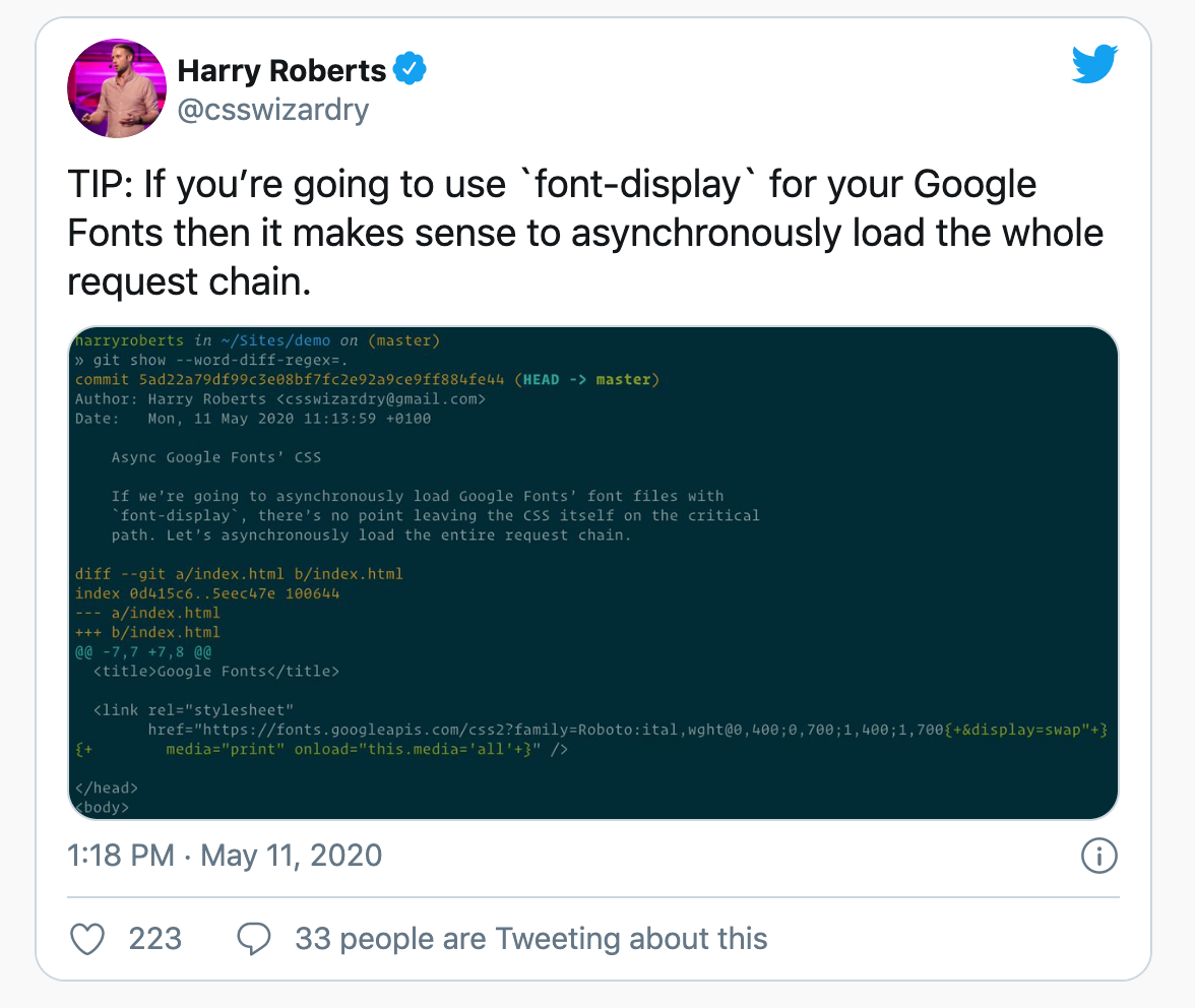 Если вы используете font-display для Google Fonts, то имеет смысл асинхронно загрузить всю цепочку запросов