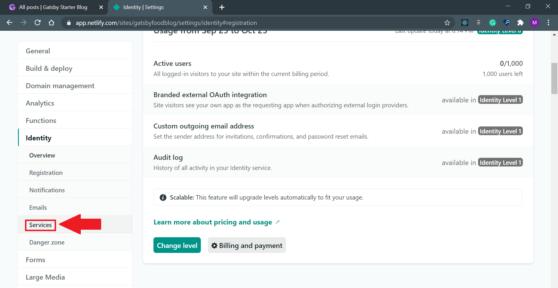В подменю Identity, щелкните ссылку «Services».