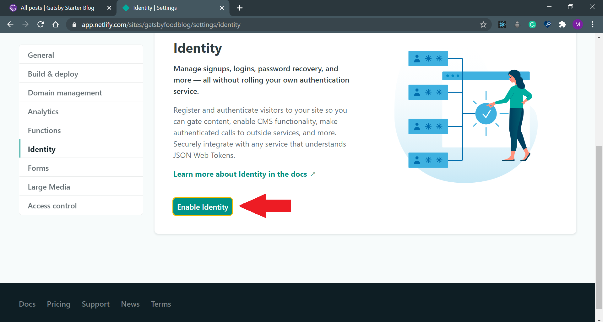 Кликните на «Enable Identity»