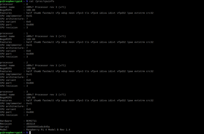 Рис. 13. Результат выполнения команды <code class="inline-code">cat /proc/cpuinfo</code> в Raspbian