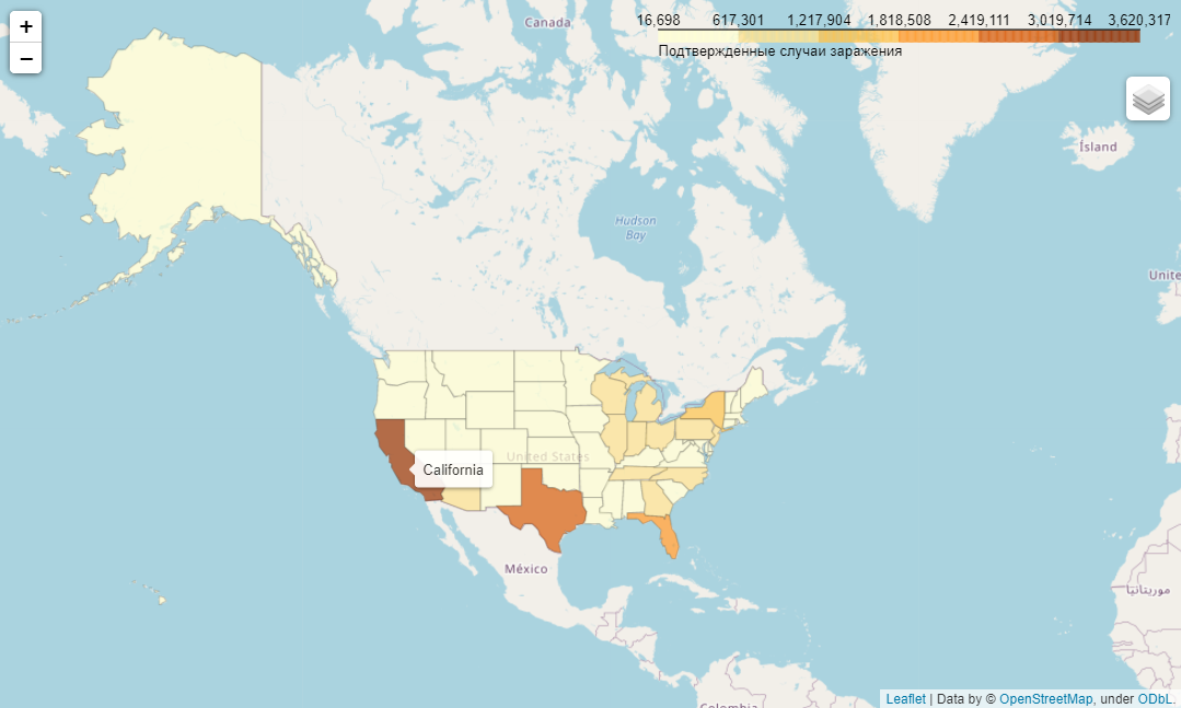 Рис. 12. Интерактивная хороплет-карта США по COVID-19 (folium)