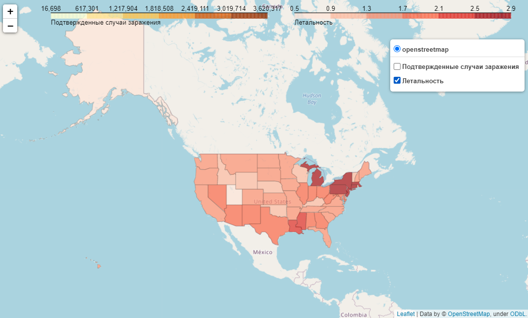 Рис. 10. Хороплет-карта США по COVID-19 (folium). Два слоя на одной карте.