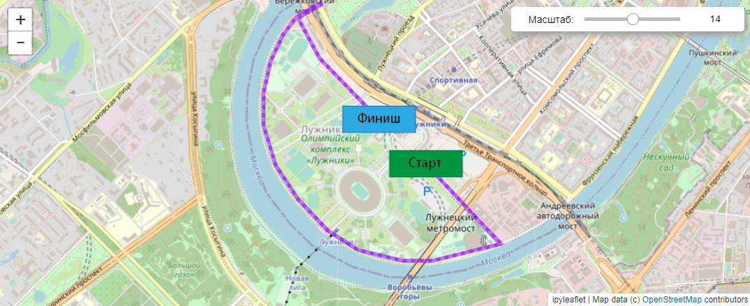 Рис. 5. Маршрут марафона с собственными иконками (ipyleaflet)