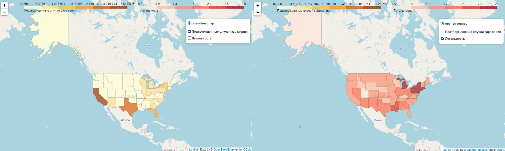 Рис. 11. Хороплет-карта США по COVID-19 (folium). Два слоя на одной карте.