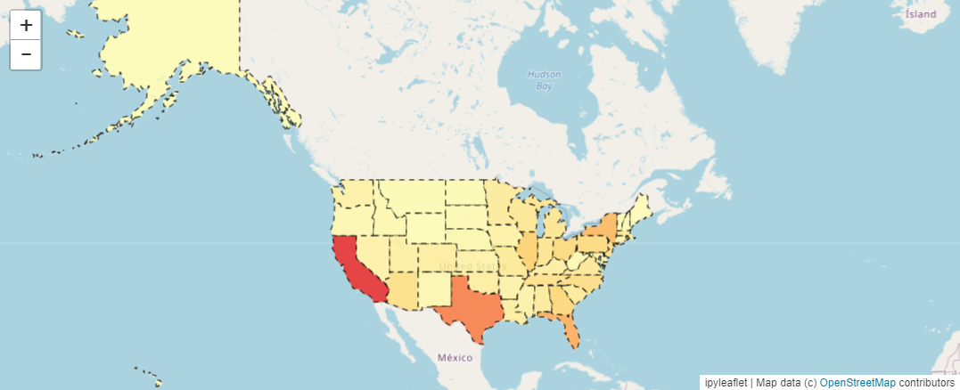 Рис. 9. Хороплет-карта карта США по COVID-19 (ipyleaflet)