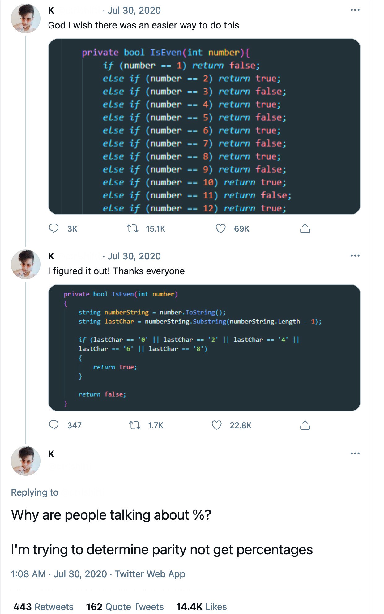 ΠΠΎΡΠ΅ΠΌΡ Π»ΡΠ΄ΠΈ ΠΏΠΈΡΡΡ ΠΏΡΠΎ <code class="inline-code">%</code>? Π― ΠΆΠ΅ ΠΏΡΡΠ°ΡΡΡ ΠΎΠΏΡΠ΅Π΄Π΅Π»ΠΈΡΡ ΡΠ΅ΡΠ½ΠΎΡΡΡ, Π° Π½Π΅ ΠΏΡΠΎΡΠ΅Π½ΡΡ. <a href="https://www.reddit.com/r/ProgrammerHumor/comments/mddf8o/even_numbers_are_so_hard/" target="_blank" rel="noopener noreferrer nofollow">ΠΡΡΠΎΡΠ½ΠΈΠΊ</a>