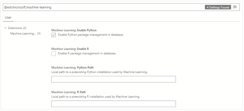 Интерфейс настройки расширения Machine Learning. Microsoft.com