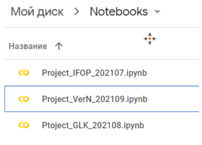 Список ноутбуков в папке Google Drive
