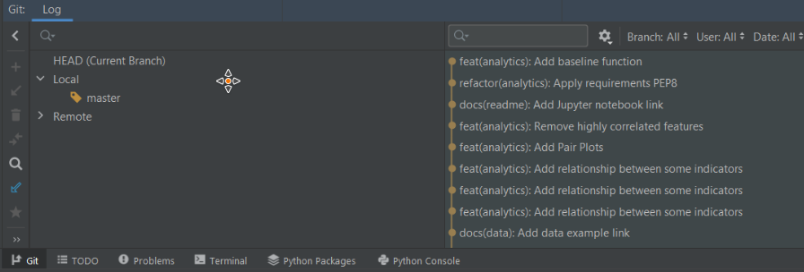 Вкладка <code class="inline-code">Git</code> PyCharm Community