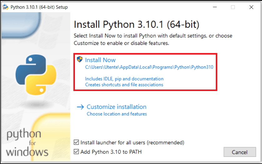 Обязательно добавьте Пайтон в переменную окружения <b></p>
<p><ul>
  <li>кликните по скачанному с официального сайта файлу;</li>
  <li>выберите <b>Install Now</b>;</li>
  <li>не забудьте отметить опцию <b>Add Python 3.x to PATH</b>.</li>
</ul>
PATH</b>