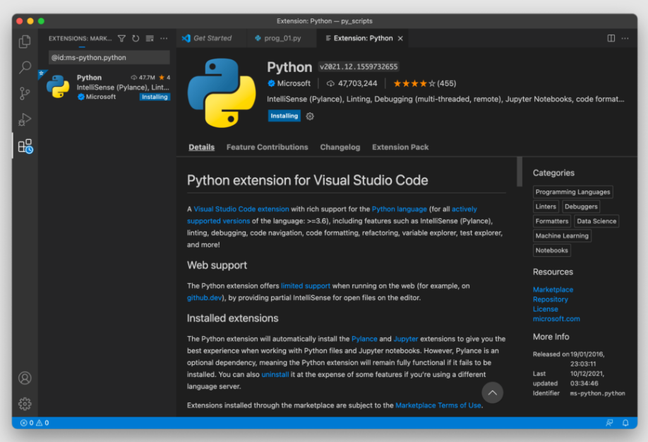 Установка расширения для Python в VS Code