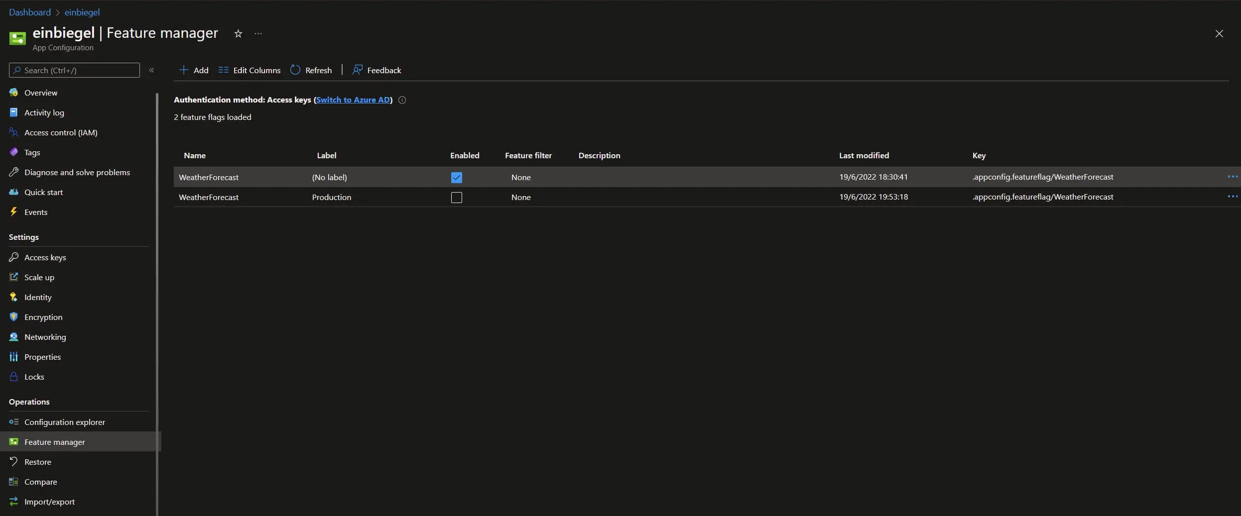 Конфигурация Feature Management в портале Azure