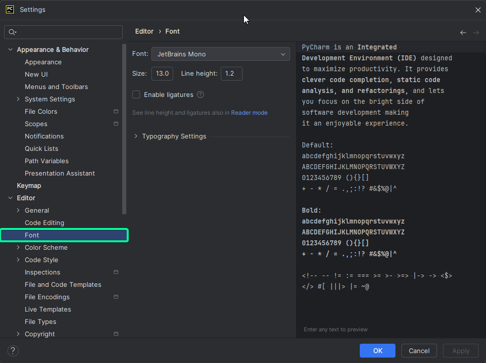 Настройки шрифта в PyCharm
