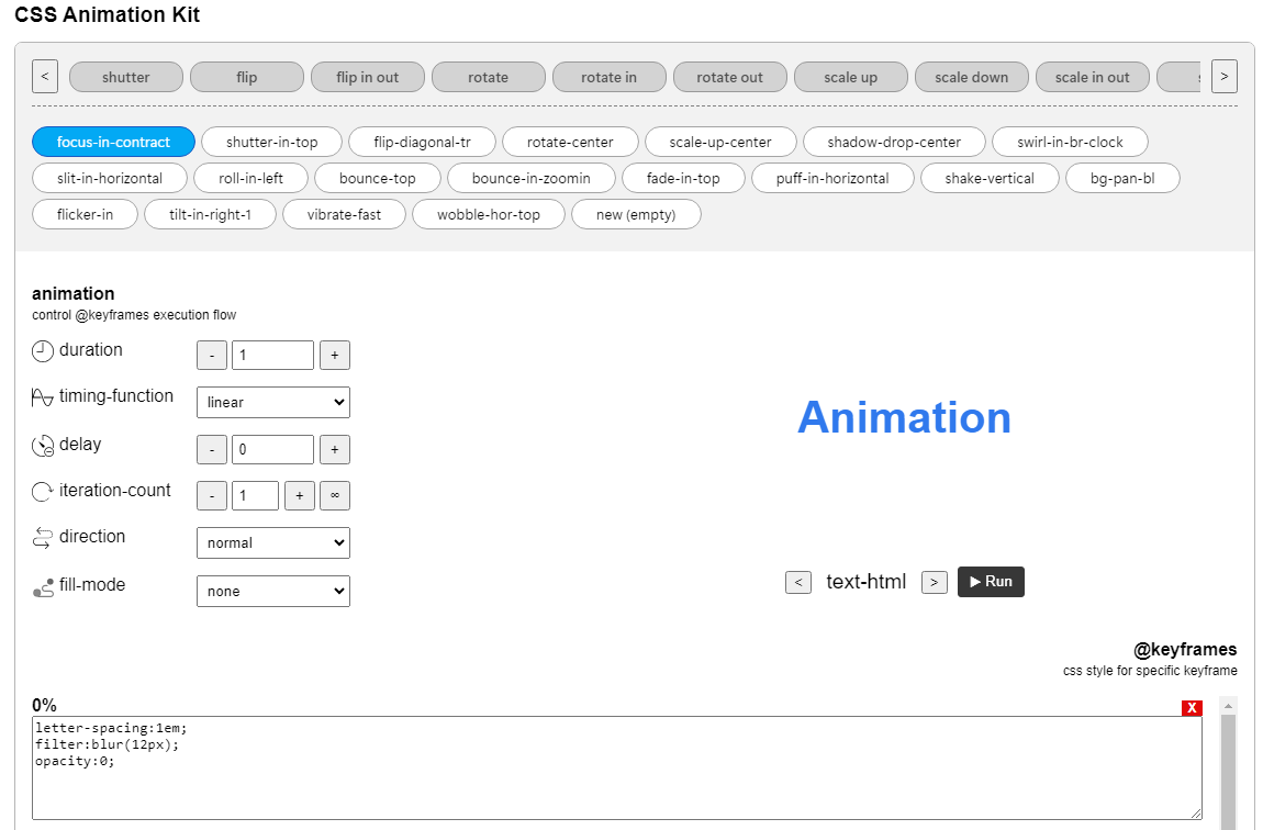 CSS Animation Kit включает в себя множество эффектов, их можно протестировать прямо на сайте